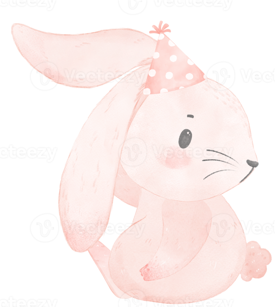 Adorable whimsical happy baby pink bunny rabbit with colourful party hat, children watercolor illustration png