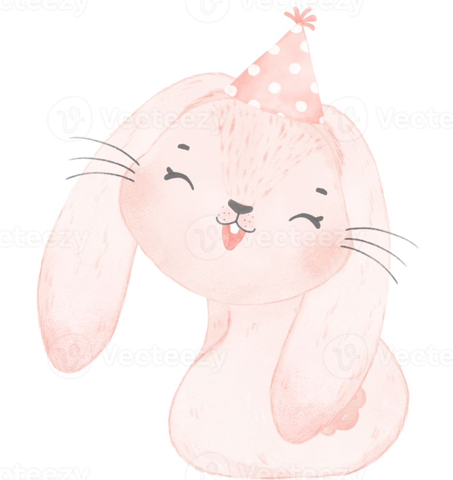 Adorable whimsical happy baby pink bunny rabbit with colourful party hat, children watercolor illustration png