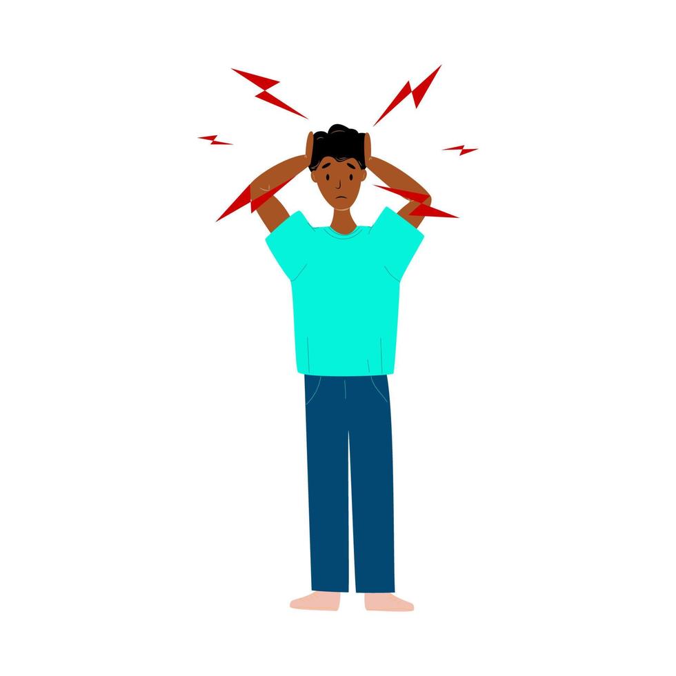 Afro American Boy having headache, migraine, stress, depression. Sickness concept. Isolated. Vector illustration in flat style. Health and medical.