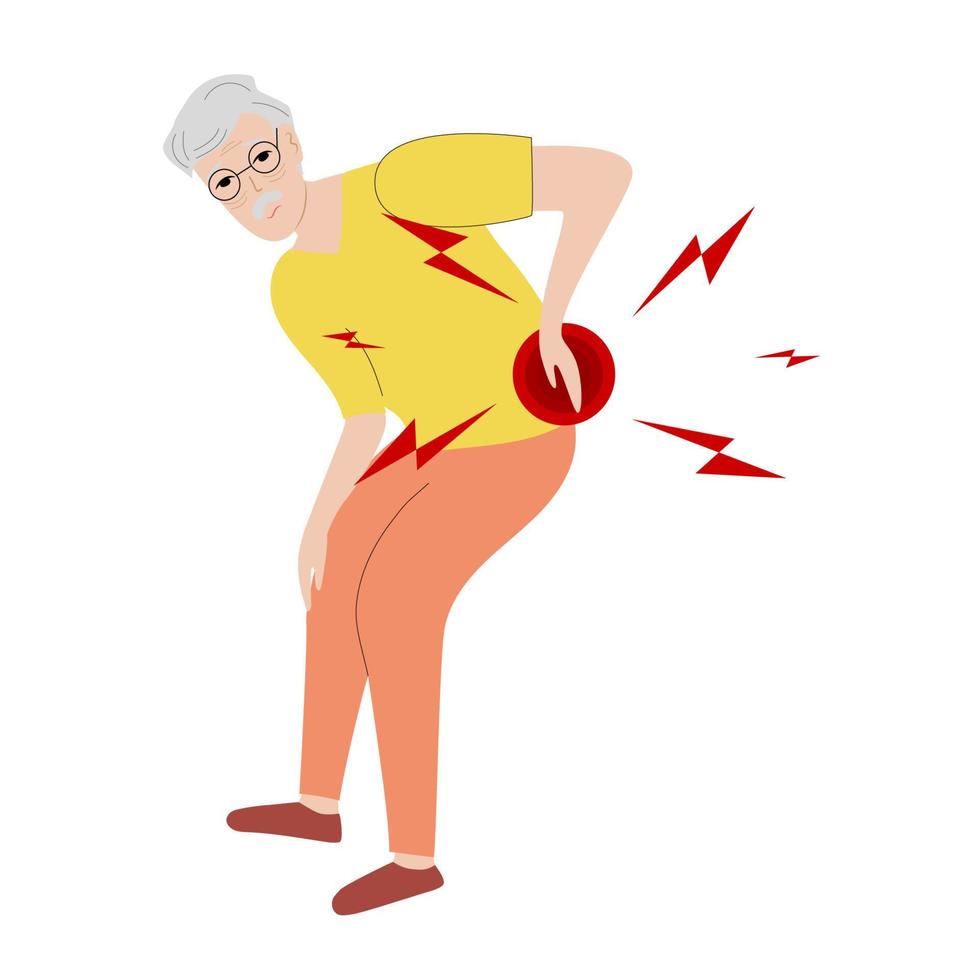 Asian Senior man has low back pain and sciatica from a herniated disc. Medical diagrams about trapped nerves make patients chronic pain in the back and paralysis. Vector illustration.