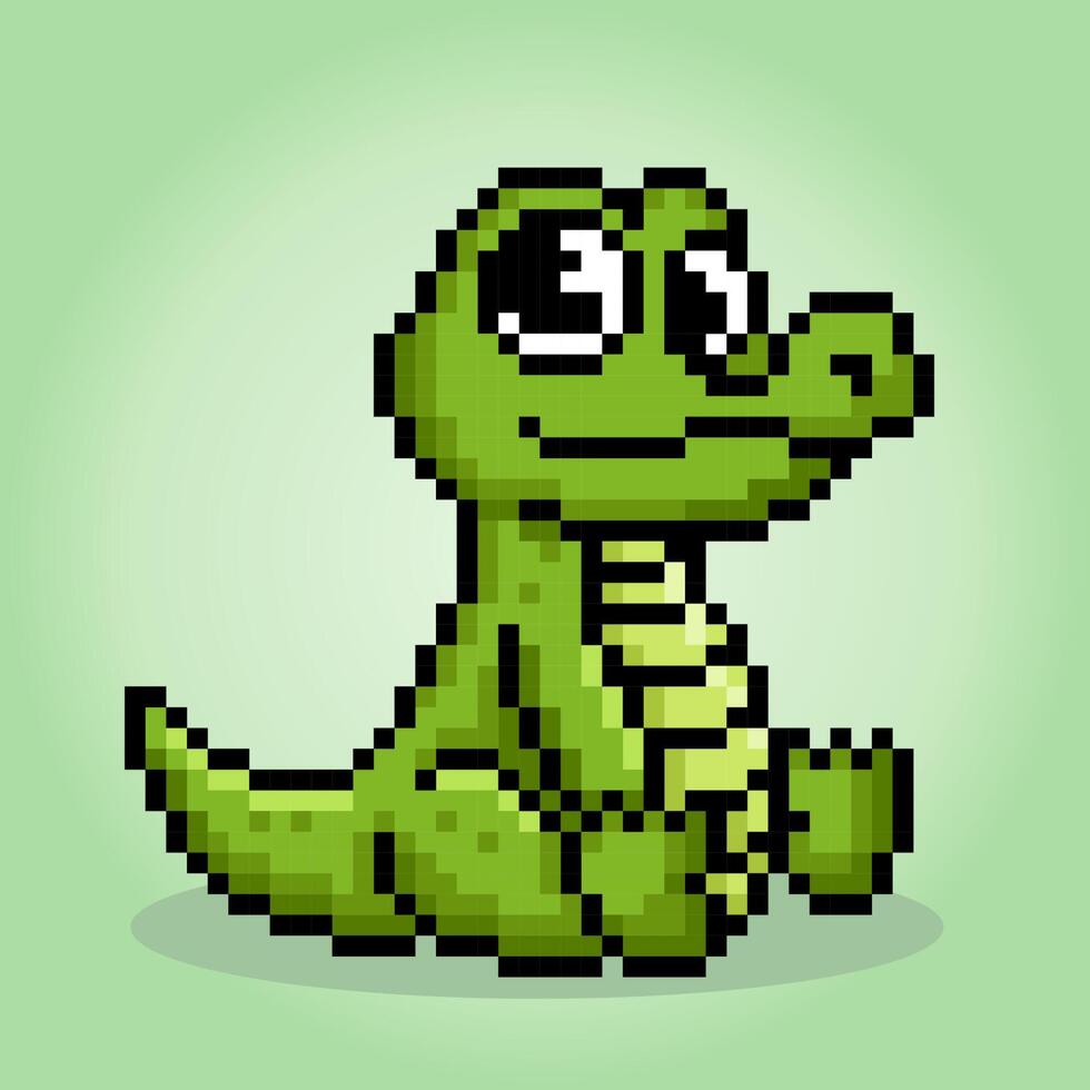 8 bit pixel crocodile is sitting. Animals in vector illustration for retro games or cross stitch pattern