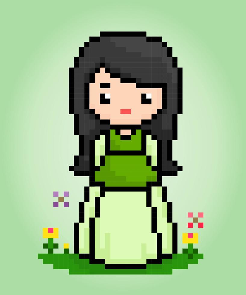 8 bit of pixel women's character. Anime cartoon girl in vector illustrations for game assets or cross stitch patterns.