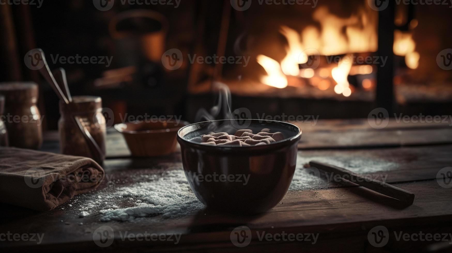 Hot chocolate with marshmallows in front of a fireplace in winter photo