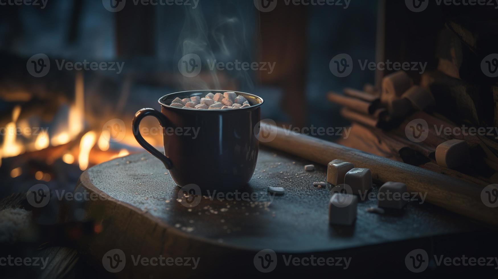 caliente chocolate con Malvaviscos en frente de un hogar en invierno foto