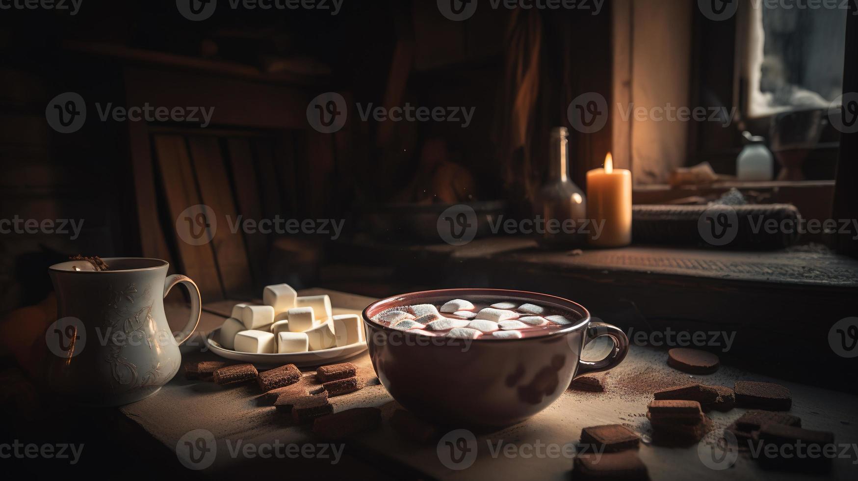 Hot chocolate with marshmallows in front of a fireplace in winter photo