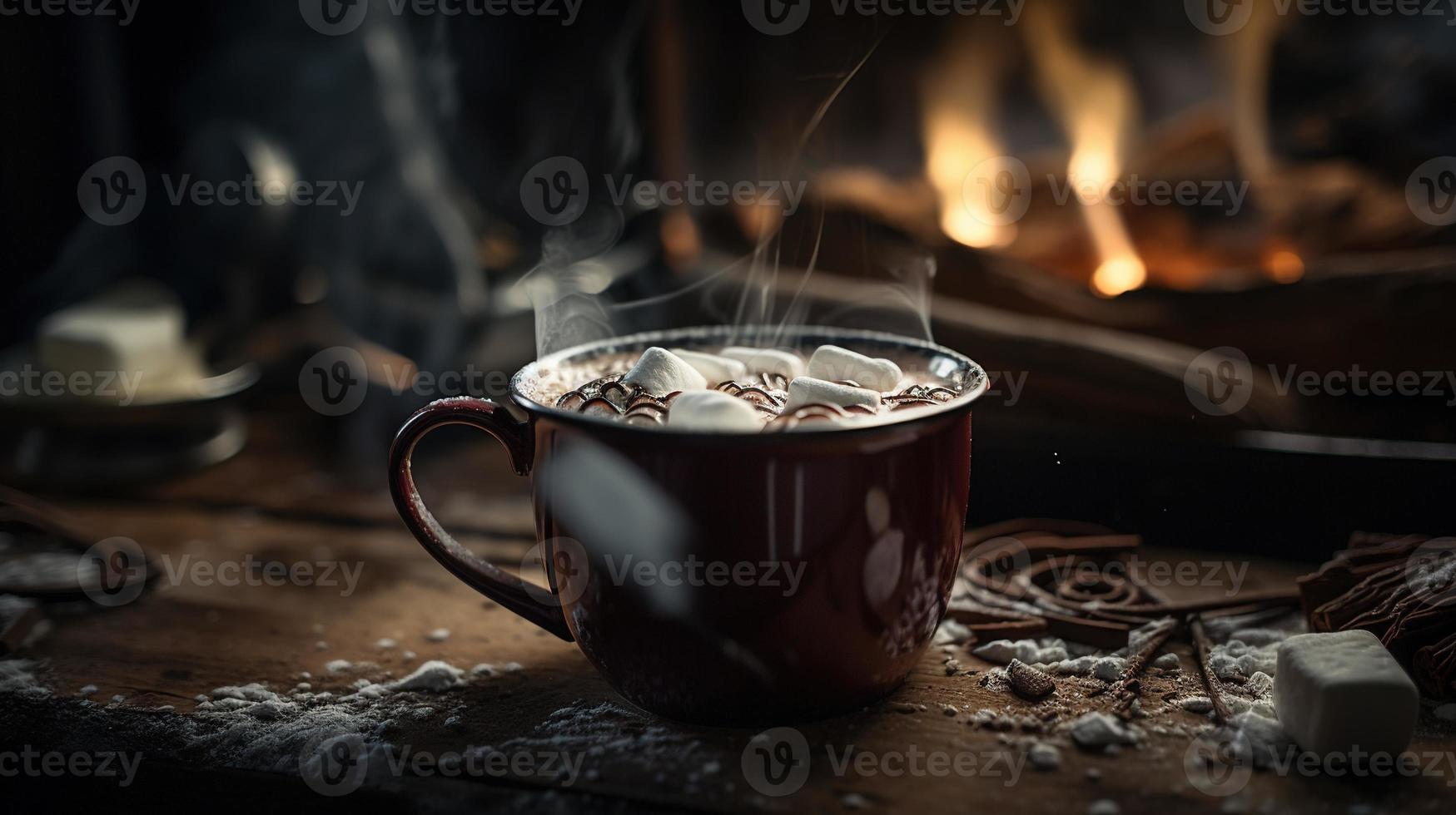 Hot chocolate with marshmallows in front of a fireplace in winter photo