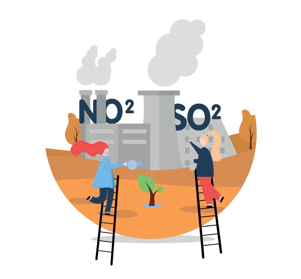 Illustration of air pollution by industrial enterprises and plant rescue. Women on the stairs water the tree against the backdrop of the plant. vector