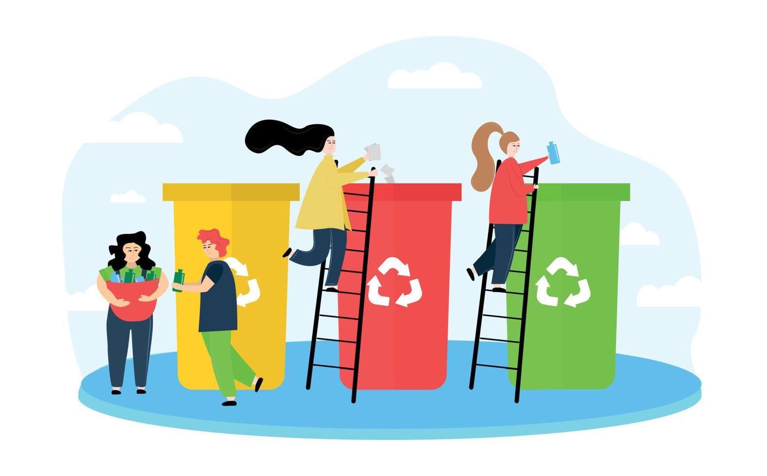 ilustración ecología. el imagen muestra personas clasificación desperdiciar, un niña sostiene un bolso con basura, mujer en el escalera lanzar basura en papeleras, en contra un nube vector