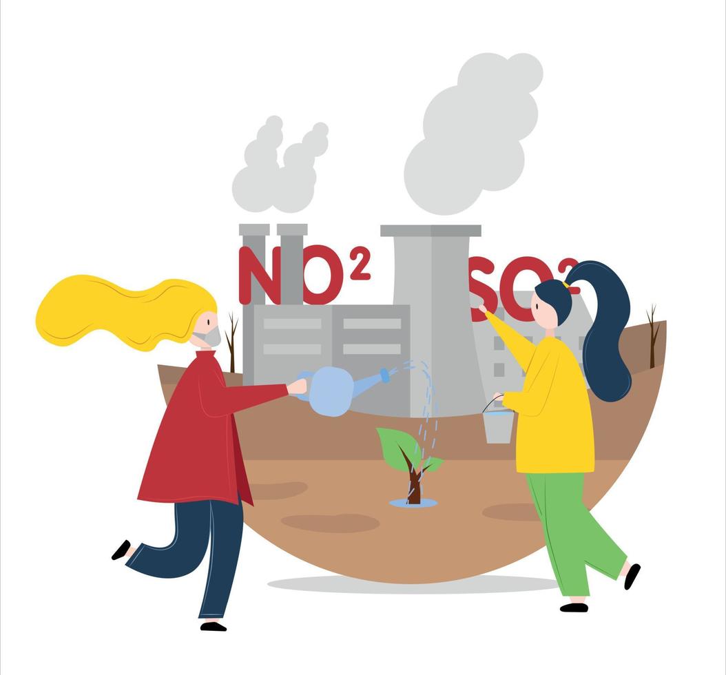 Illustration of air pollution by industrial enterprises and plant rescue. Women on the stairs water the tree against the backdrop of the plant. Near an industrial plant women water a tree. vector