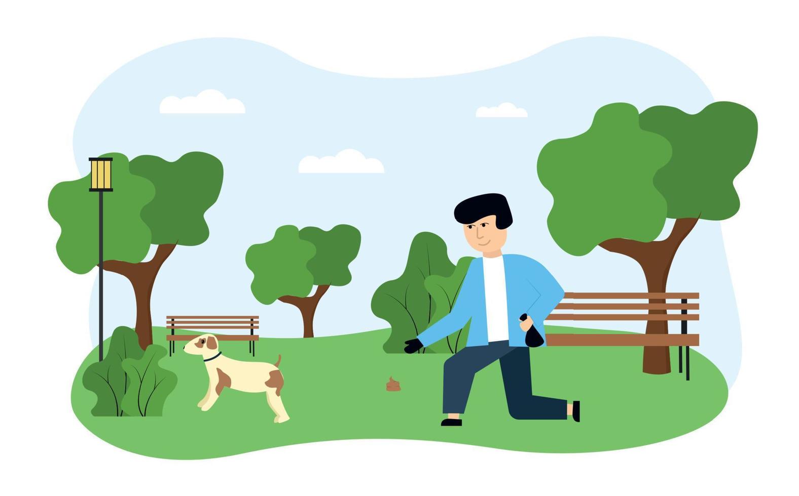 Ecology illustration. In the image, a man walks a dog in the park, cleaning up animal waste, against a background of trees, benches, bushes, a lantern, clouds vector