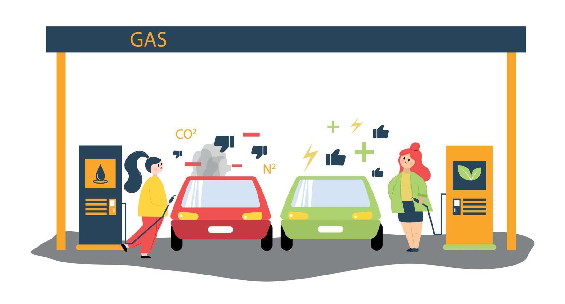 Illustration of refueling and charging a car. At a gas station, a woman refueles a car with gasoline another woman charges an electric car vector