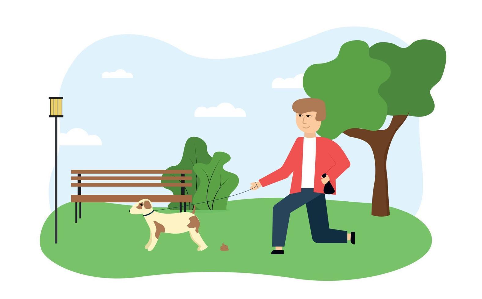 Ecology illustration. On the image the guy walks the dog in the park, removing the waste products of the animal, against the background of a tree, bench, bush, lantern vector