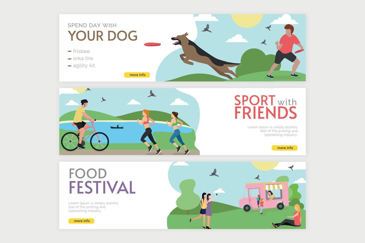 Weekend. Banner. A man is playing frisbee with a dog. The girls are running, a cyclist is riding towards them. People take pictures, sit on the grass, child is near the pink van. Vector