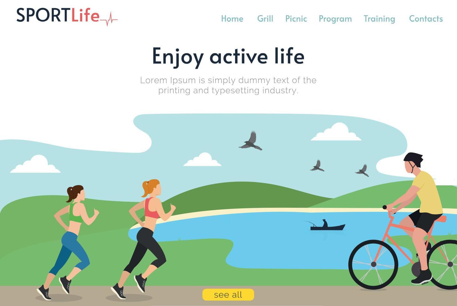 Site header. Active weekend. Two girls are jogging. The man is riding a bicycle. Vector. vector