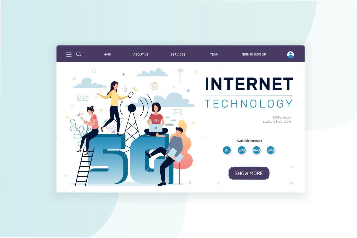 Web banner internet technology 5G. People with gadgets are near. Vector. vector