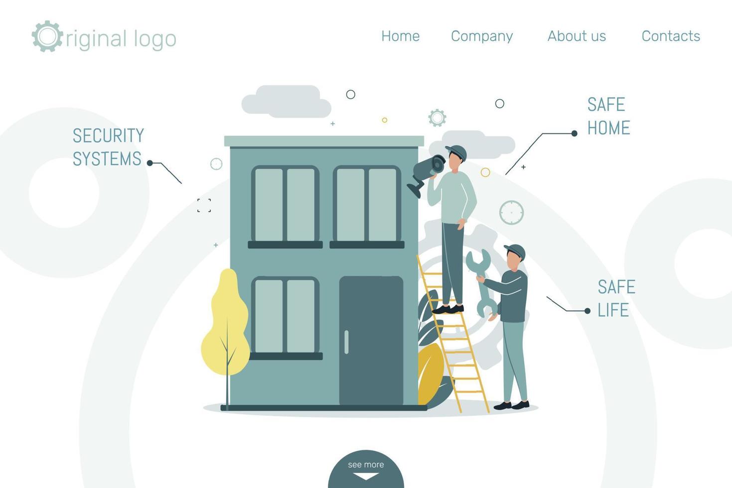 Site header. CCTV. Video surveillance. Remote access. Installing a video camera on the house. A man stands on the stairs and sets the camera. The second holds a wrench. Vector illustration.