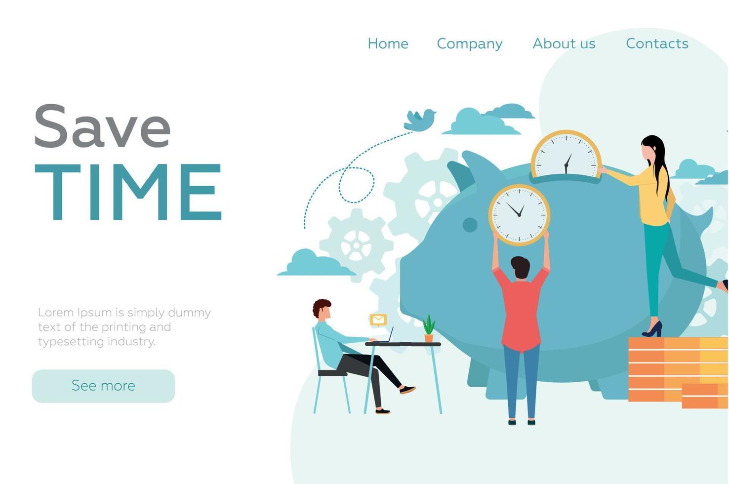 Website header. Time management. People throw clocks into the big piggy bank. A man sits and works at a laptop. Vector. vector