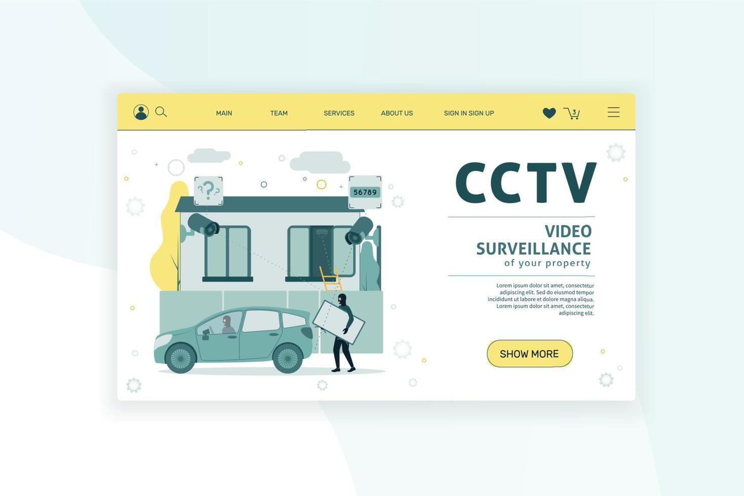 Web banner. CCTV. Remote access. CCTV cameras are filming a house robbery. The camera does not recognize the faces of thieves in masks. The camera filmed the license plate. vector