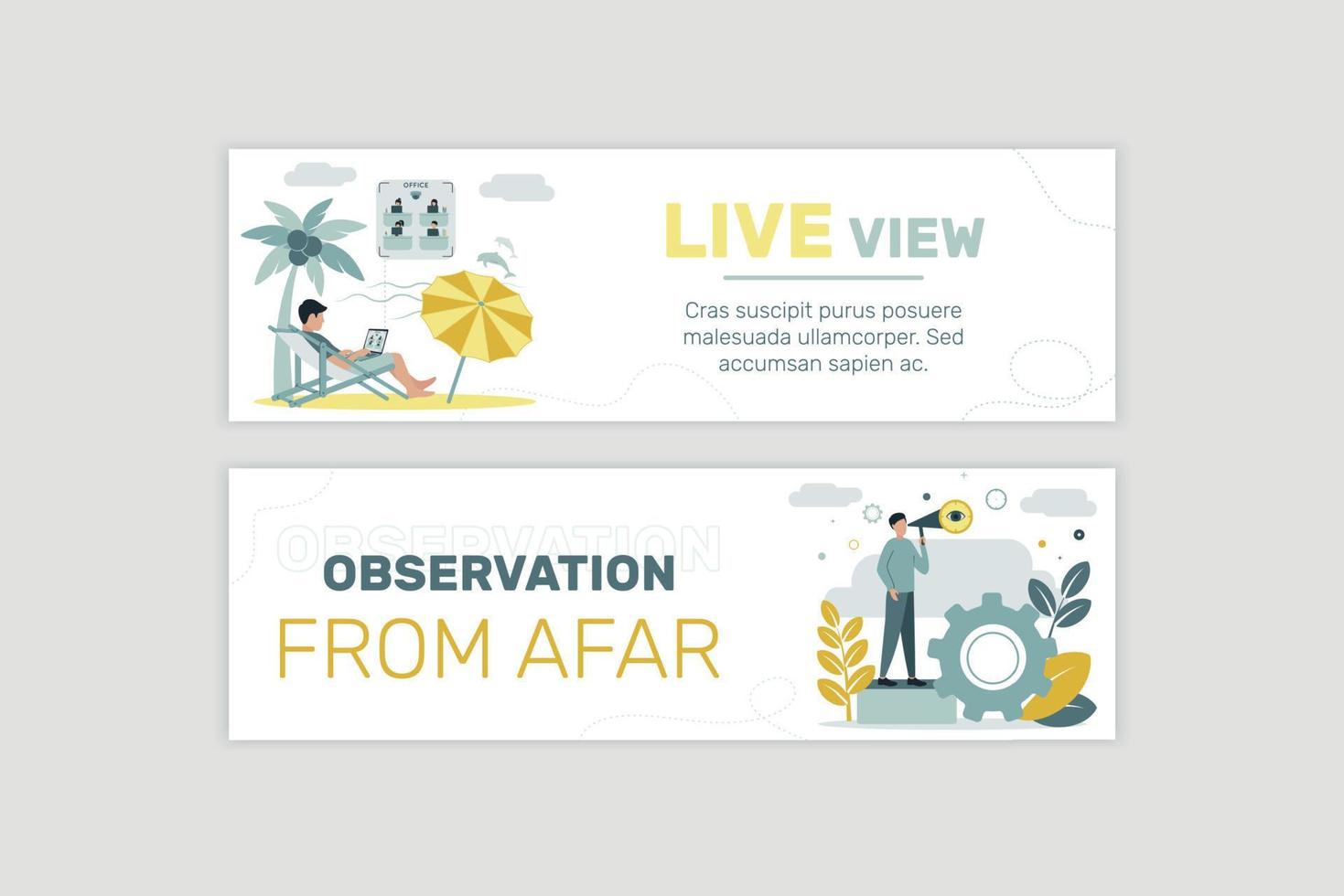 Banner. CCTV. Video surveillance. Remote access. A man watches the office by video surveillance through a laptop. A man is watching through a telescope. Vector illustration.