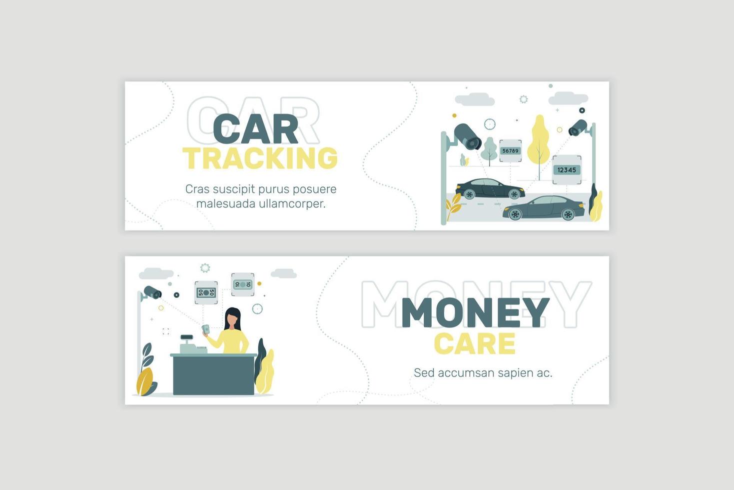 Banner. CCTV. Video surveillance. Remote access. Street cameras record license plates of cars. The camcorder captures the bills in the hands of the cashier. Vector illustration.