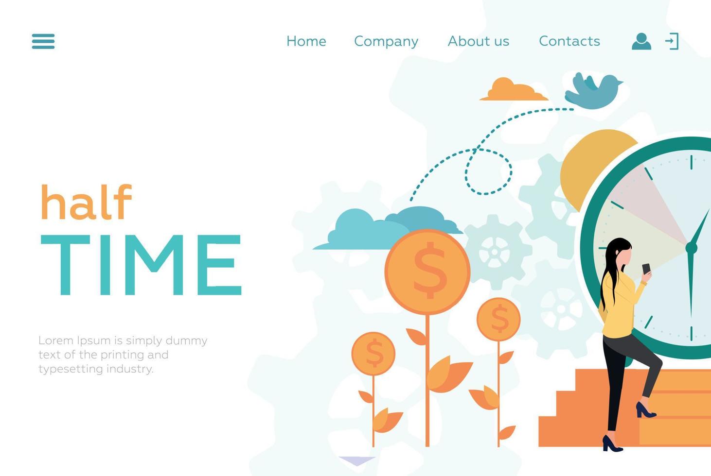 Website header. Time management. The girl climbs the stairs to the big clock. Coins grow near the clock. Vector. vector