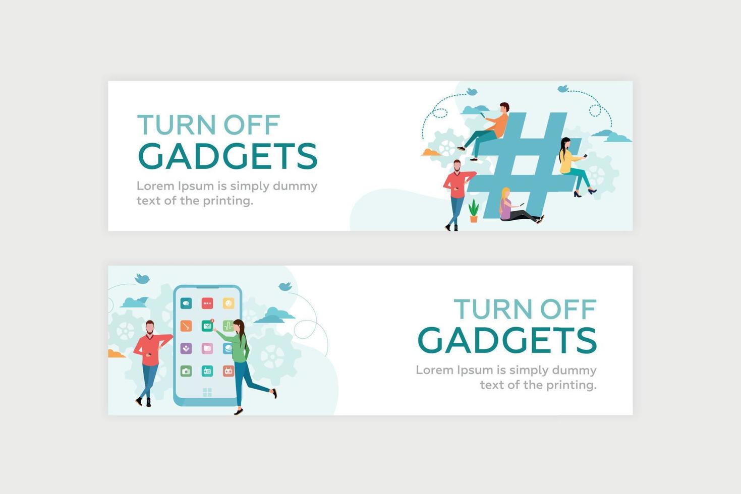 Web banner. Social media addiction. People use smartphones next to the big hashtag. The girl clicks on the mail icon on a large smartphone, next to which is a guy. Vector. vector