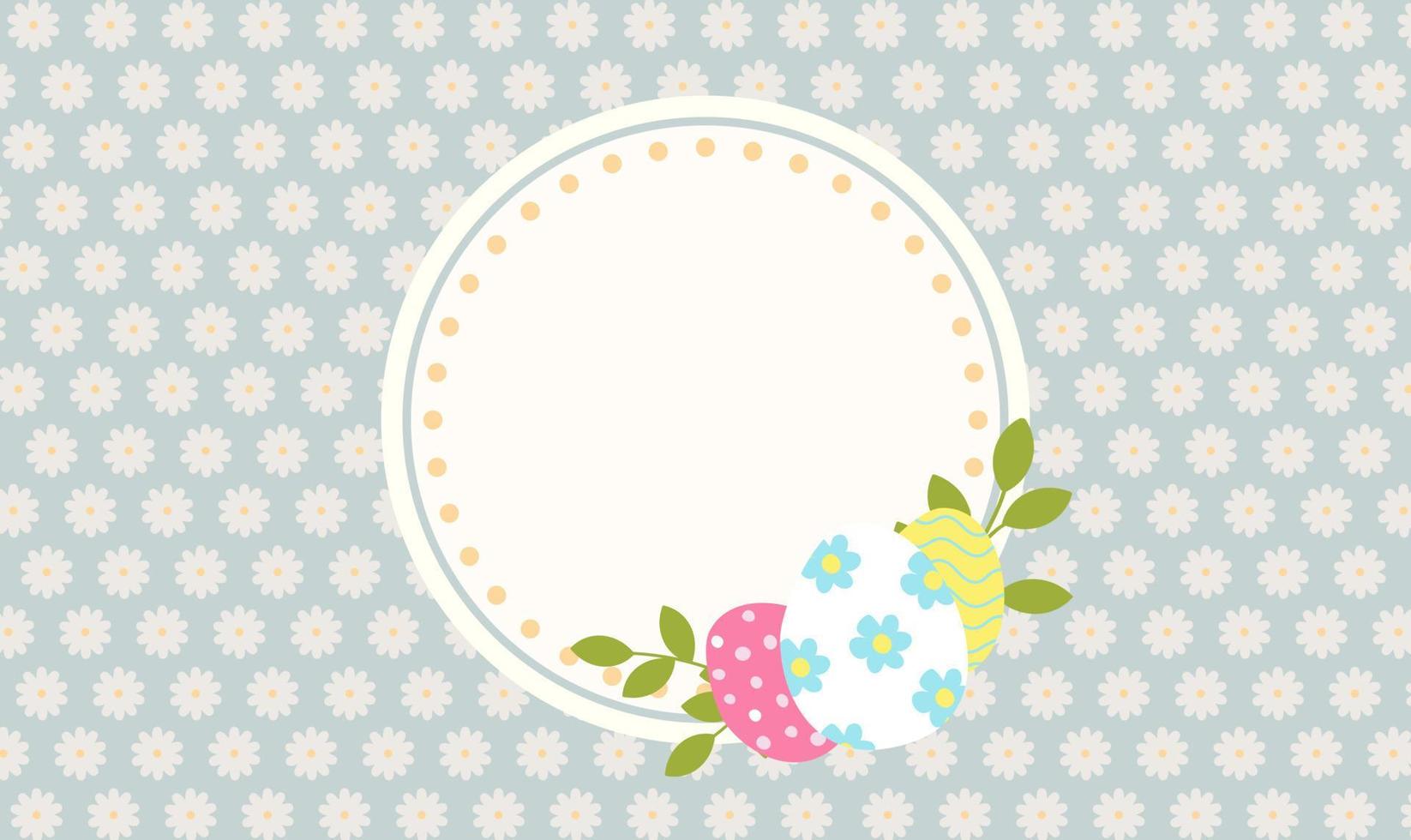 Easter banner with chocolate rabbits and beautifully painted eggs set on the grass. Concept of Easter egg hunt or egg decorating art. Background pastel color minimal design vector