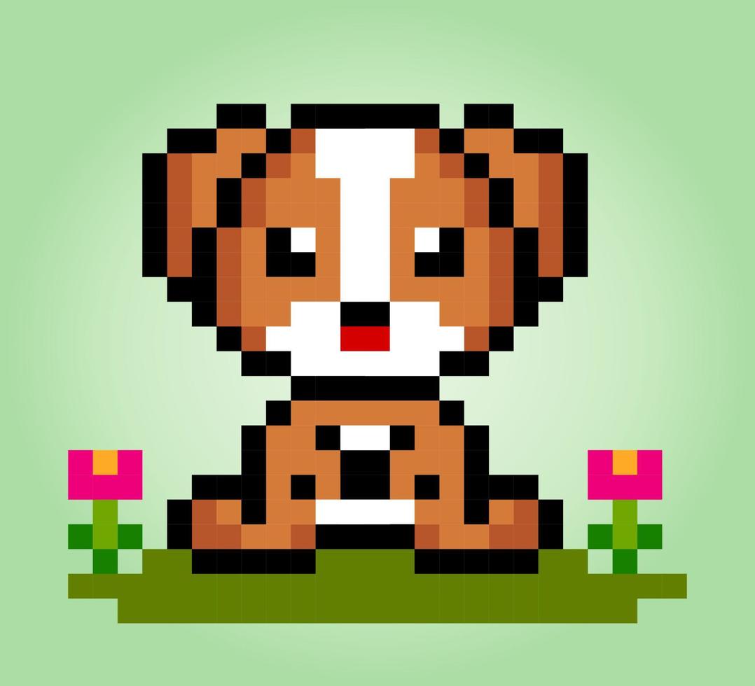 8 bits pixel of jack russell dogs is sitting. Animals for asset games in vector illustrations. Cross Stitch pattern.