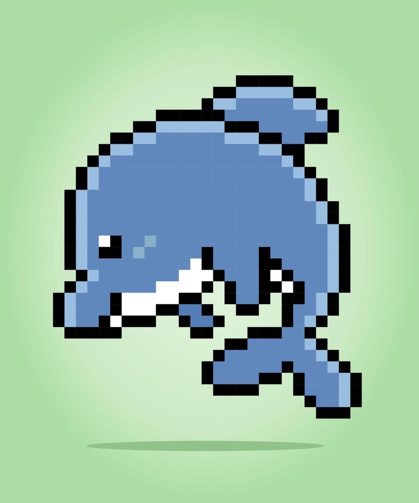 dolphins in pixel art. Animals for retro game in vector illustrations. Cross Stitch pattern.