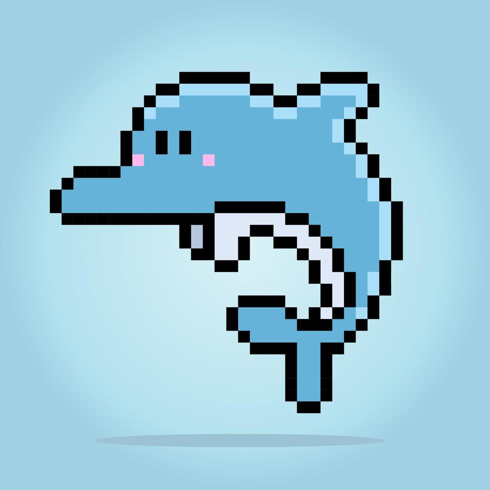 dolphins in pixel art. Animals for retro game in vector illustrations. Cross Stitch pattern.