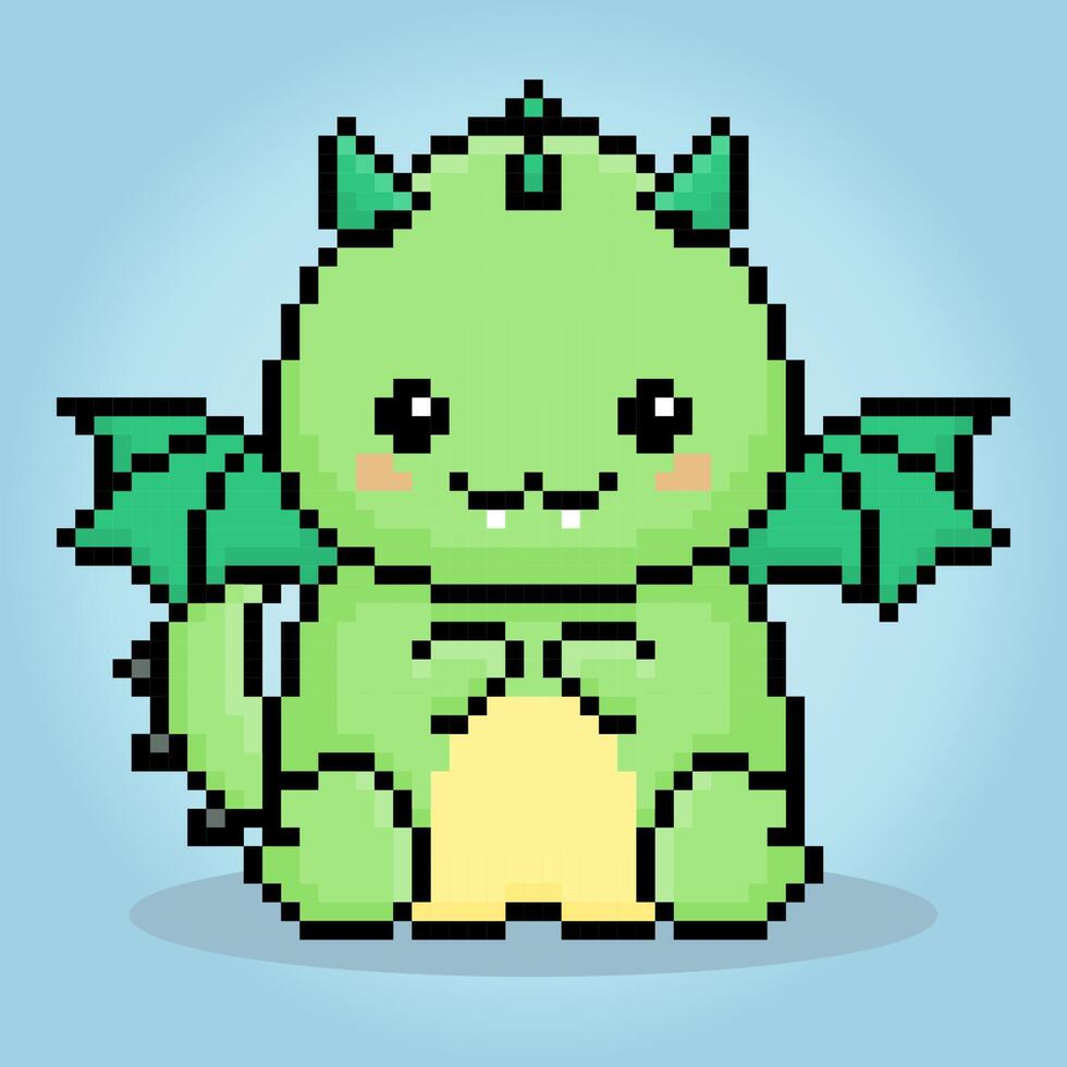 Pixel 8-bit dragon is sitting. Animals in vector illustrations for game assets and logos.