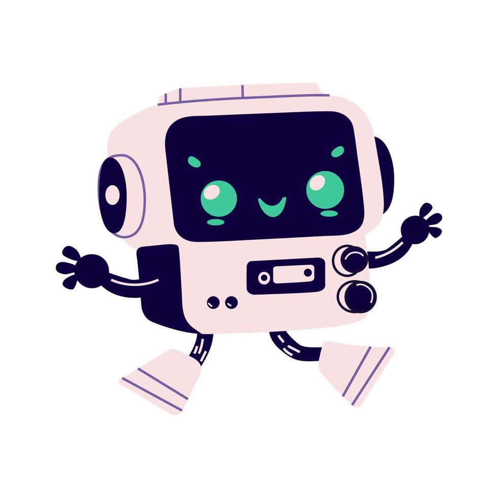 Cute robot in retro futuristic style. Android bot character, smart machine . Smart assistant with clipboard, studying information. Flat vector illustration isolated on white background