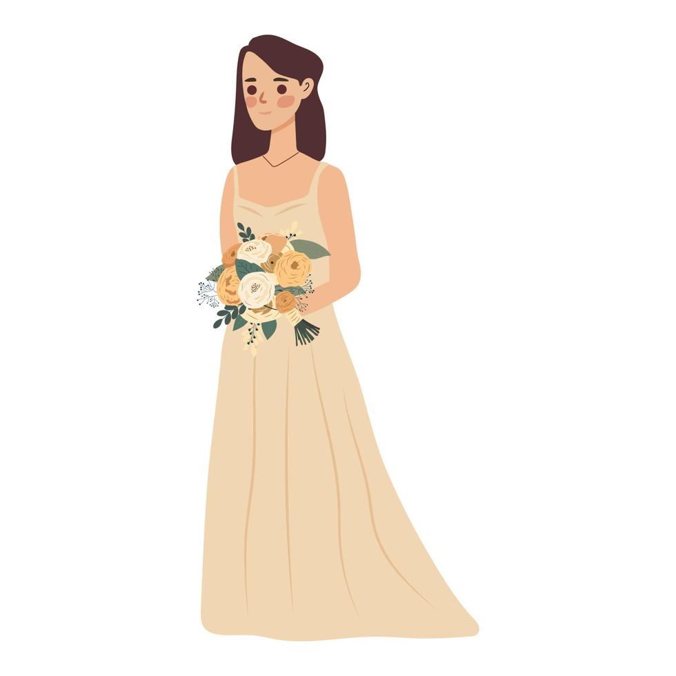 el novia con un Boda ramo de flores de flores vector ilustración en plano dibujos animados estilo.