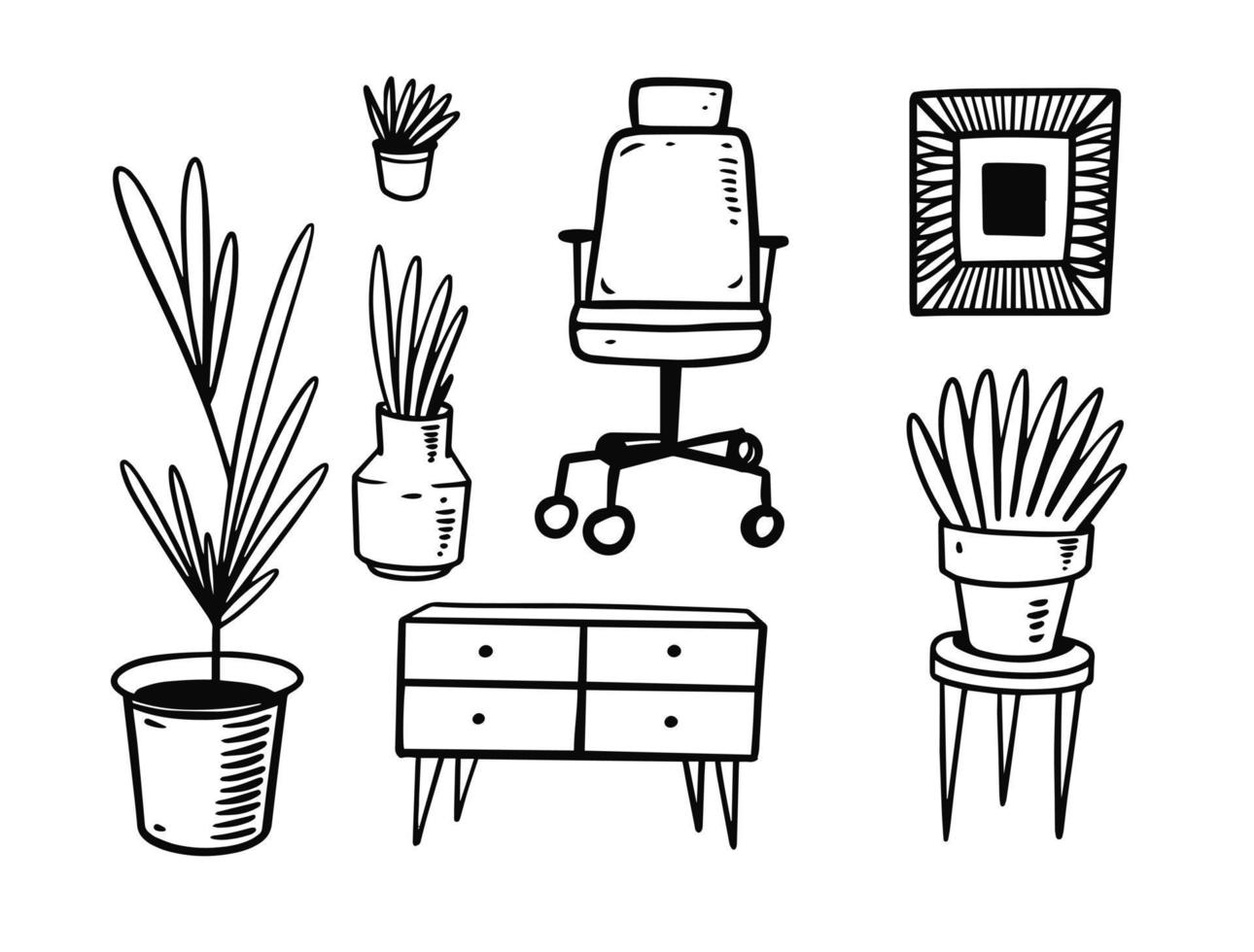 Hand drawn doodle decor room and house set. Black color line art design. vector