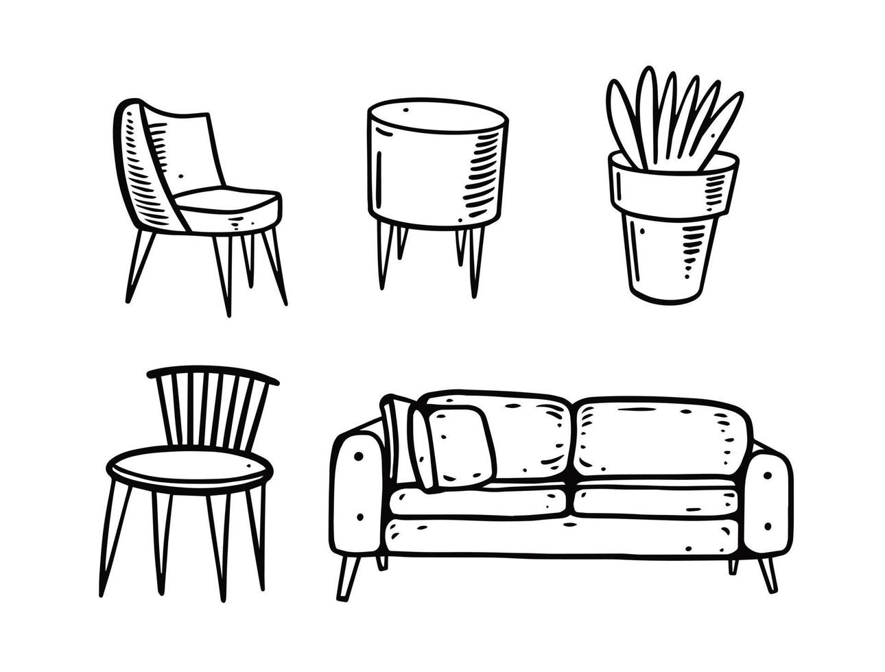 Hand drawn doodle furniture set. Black color outline vector illustration elements.