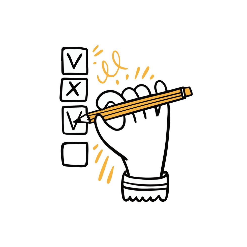 Hand with pencil check list. Hand drawn doodle icon. Cartoon style. vector