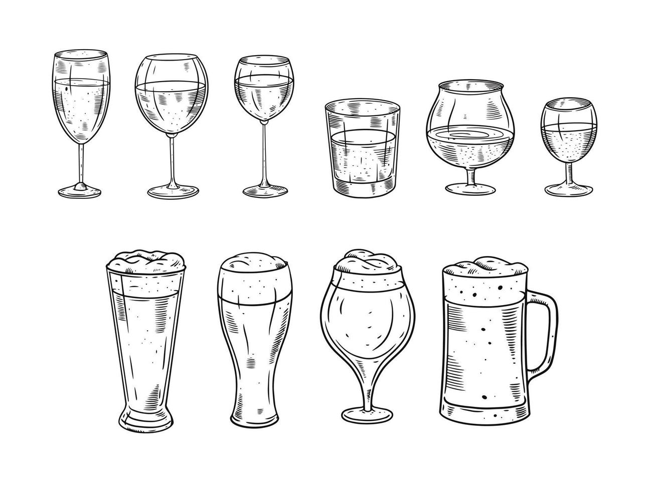 mano dibujado lentes cócteles y cerveza colocar. negro y blanco bosquejo estilo vector ilustración.