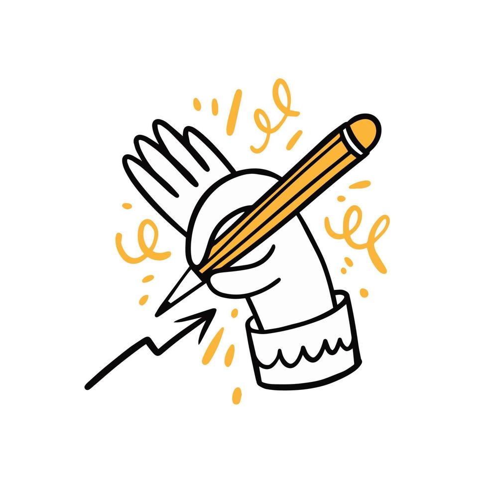 Hand drawing a graph with a yellow pencil. Hand drawn colorful cartoon business doodle icon. vector