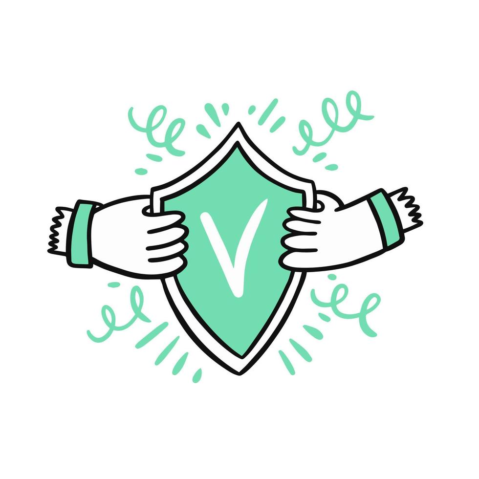 Hands with protection check mark sign. Doodle icon. vector