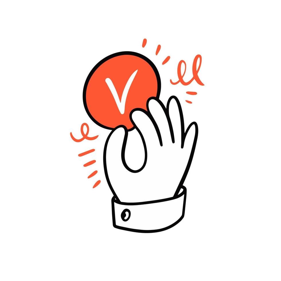 Hand with check mark red icon. Hand drawn colorful cartoon style vector