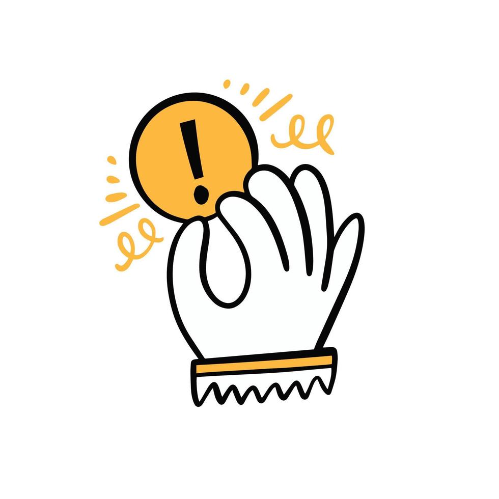 Hand with an exclamation mark. Hand drawn doodle icon. vector