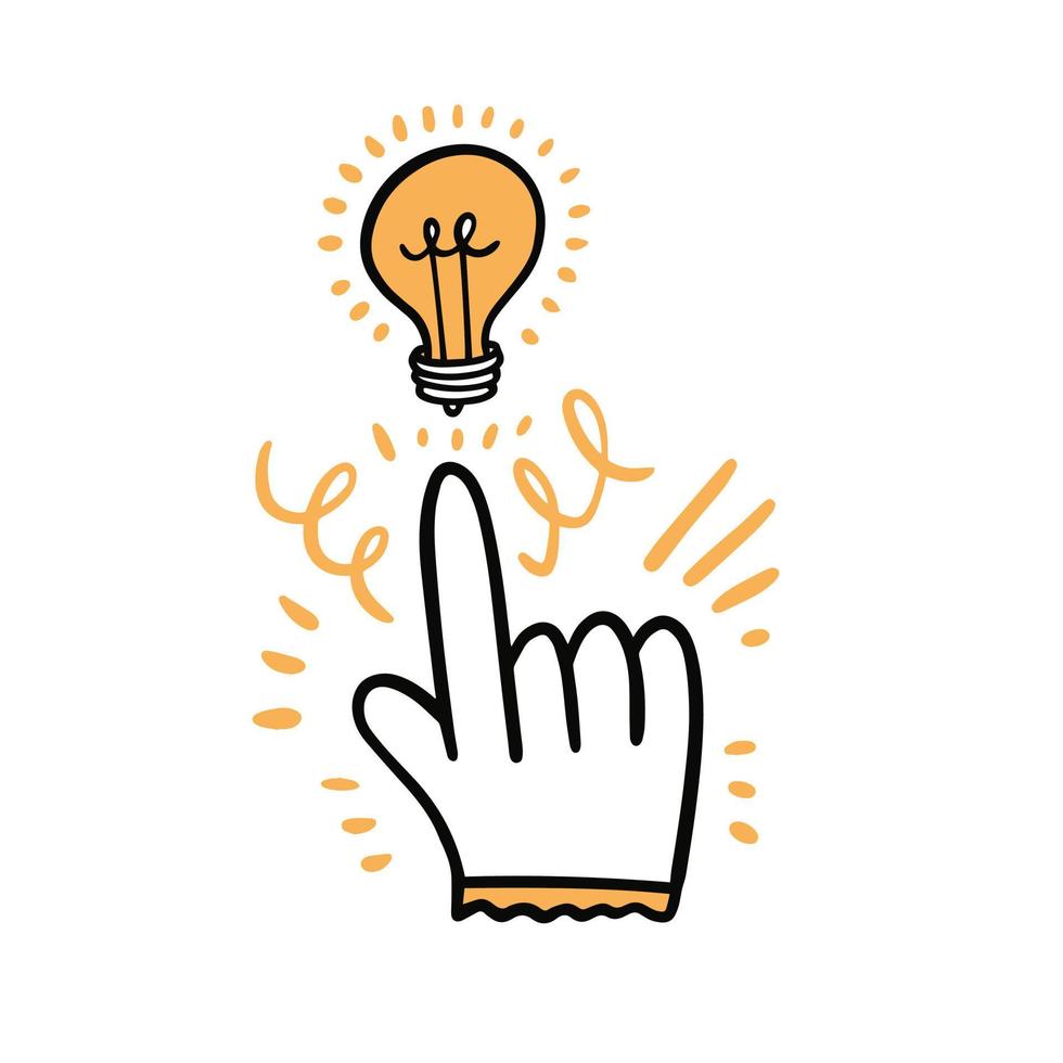 Hand drawn cartoon style hand icon with lamp idea. vector