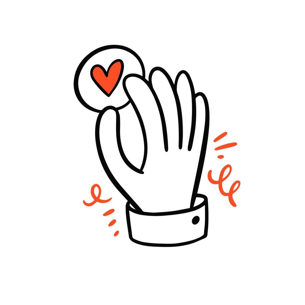 mano con corazón amor me gusta garabatear icono. mano dibujado vistoso dibujos animados estilo. vector