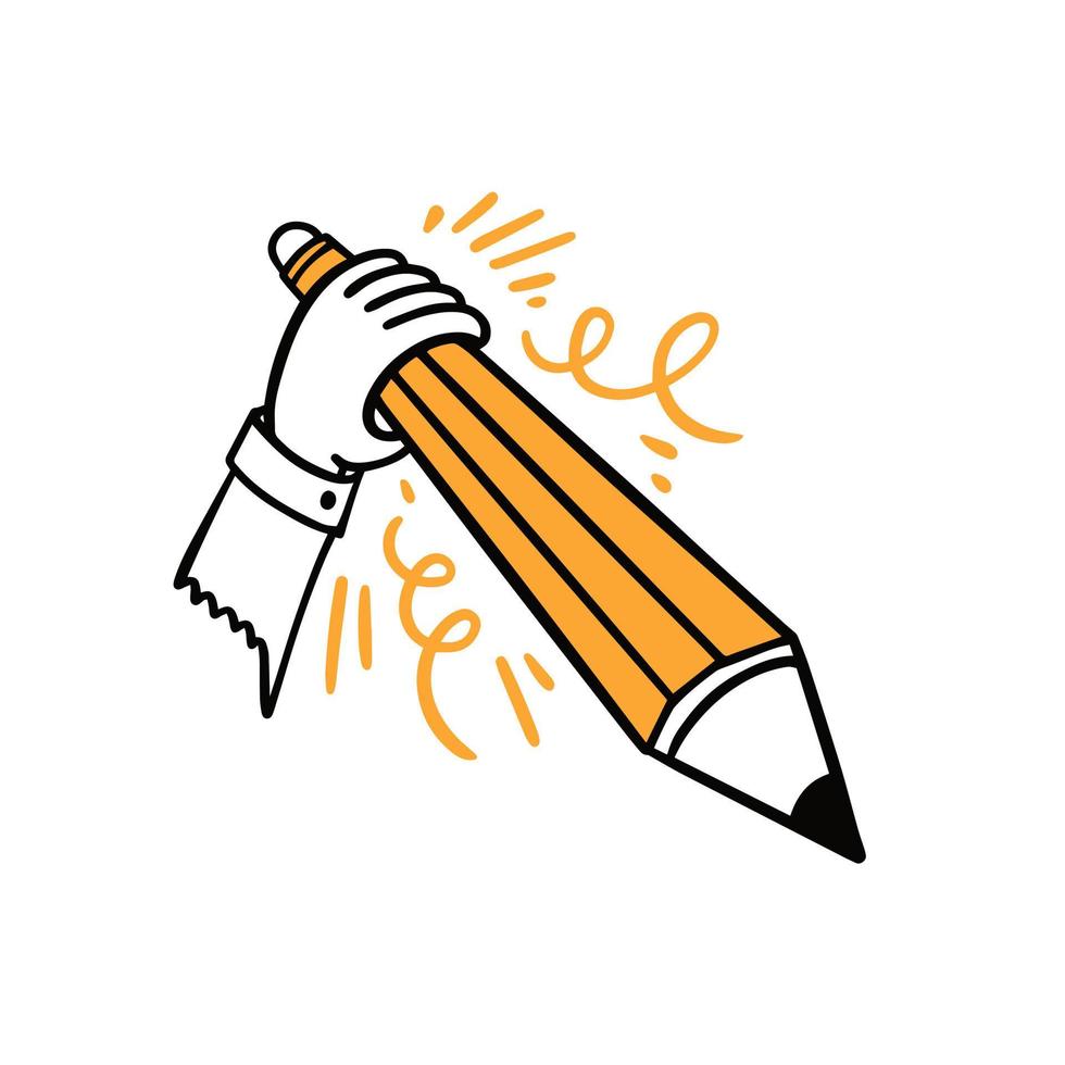 Hand with yellow pencil. Cartoon doodle style. Colorful icon. vector