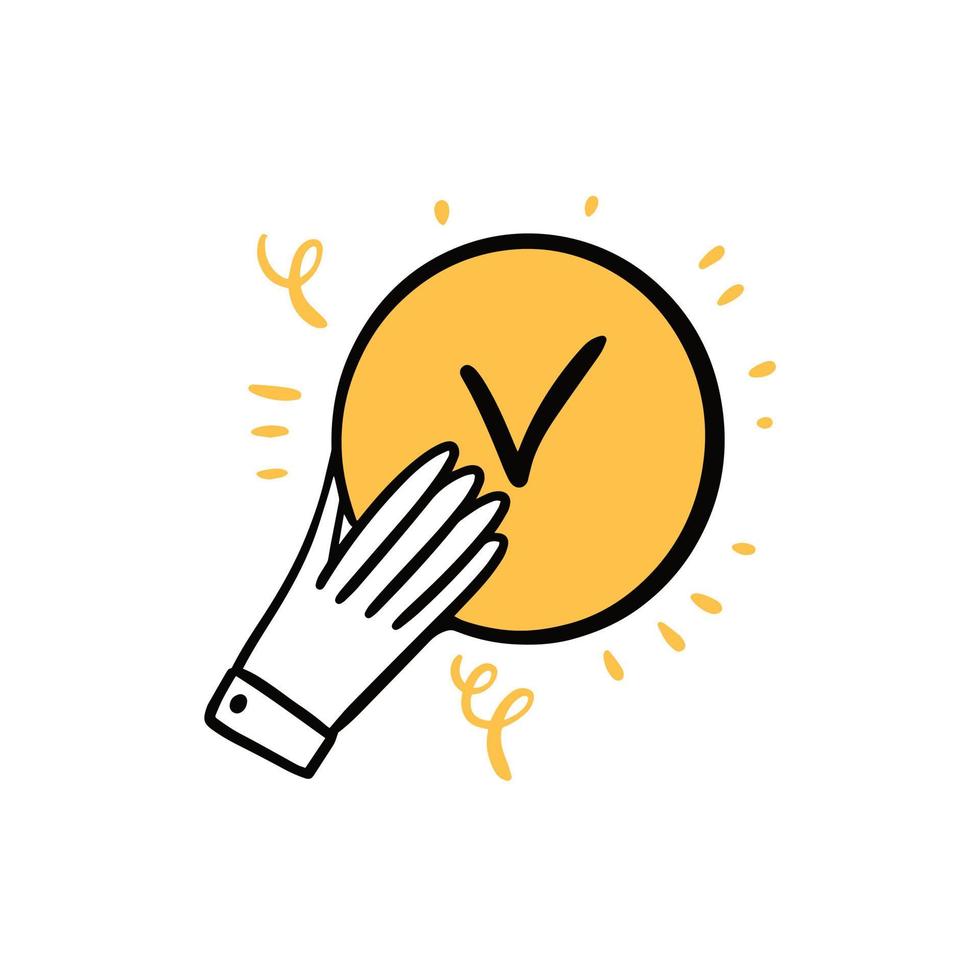 Hand selects a check mark or tick. Hand drawn colorful cartoon doodle icon. vector