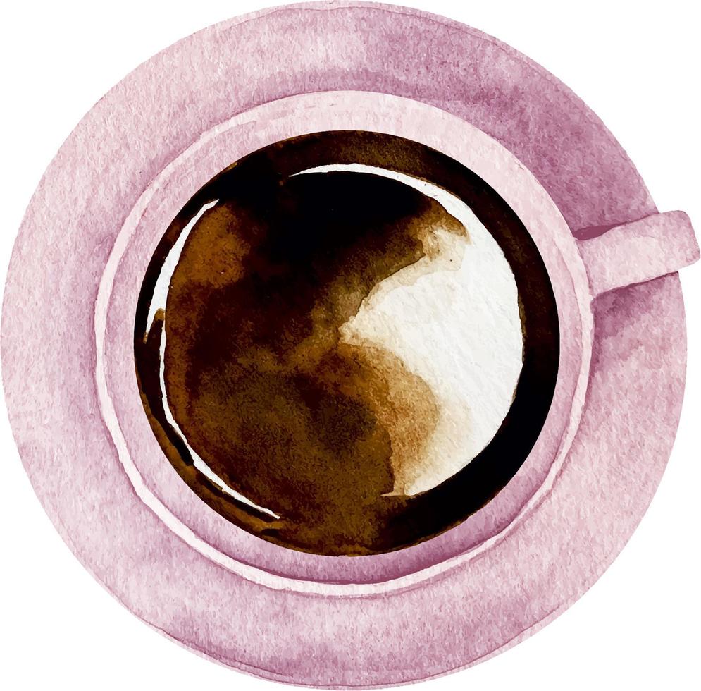 Watercolor black coffee in a pink cup in saucer top view isolate vector