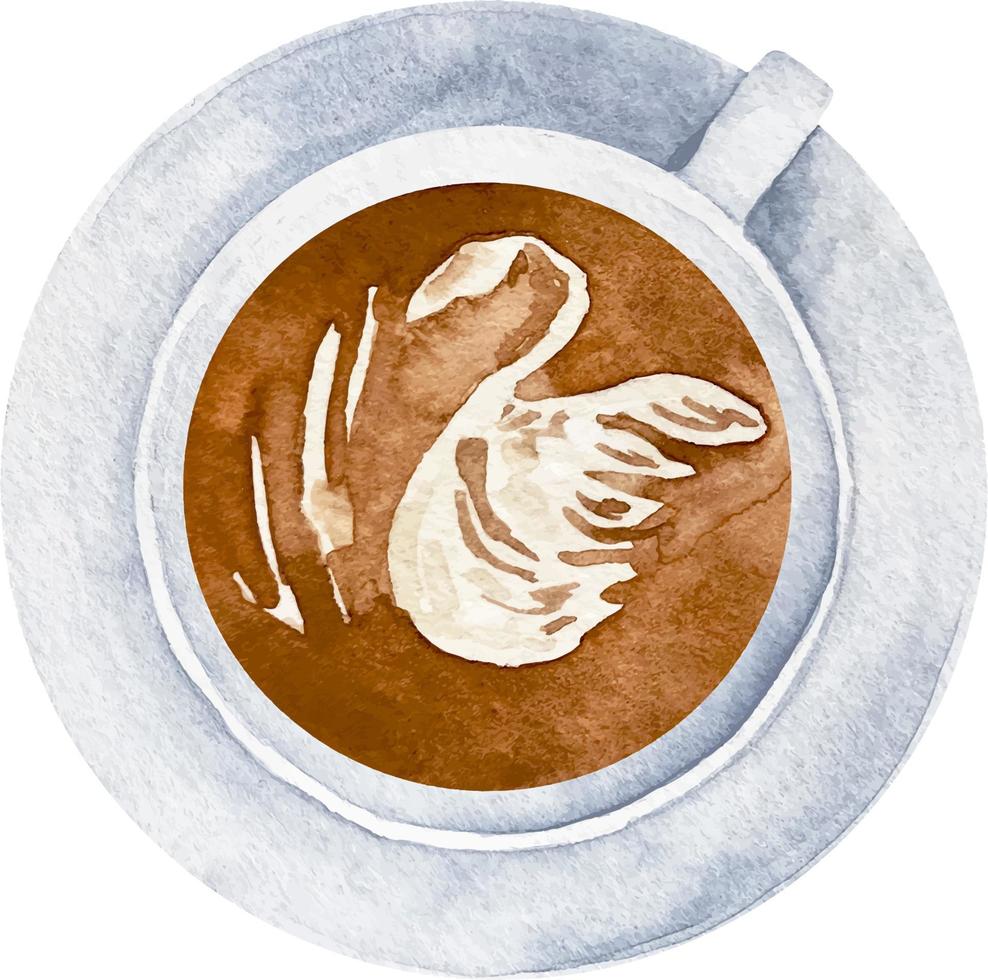 Watercolor cup of coffee with latte art in a white cup top view vector