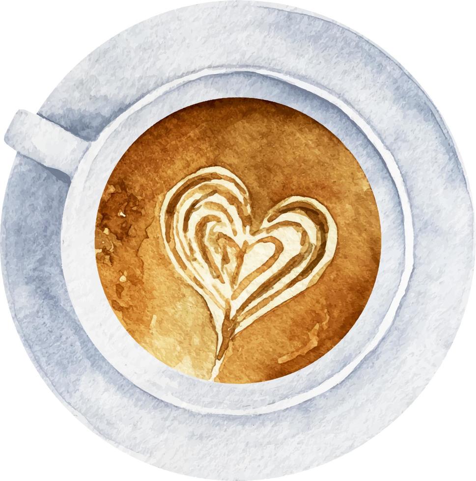 Watercolor cup of coffee with heart pattern in a white cup top view vector