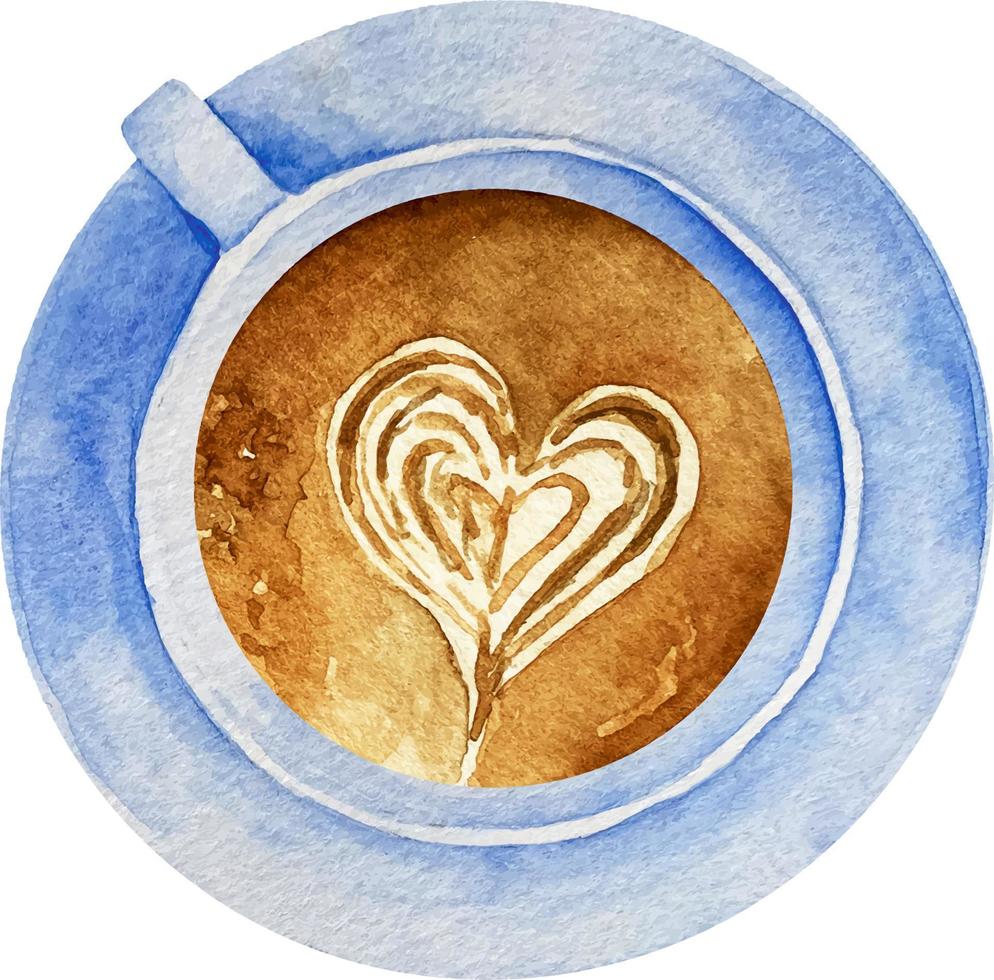 acuarela taza de café con corazón modelo en un azul taza parte superior vi vector