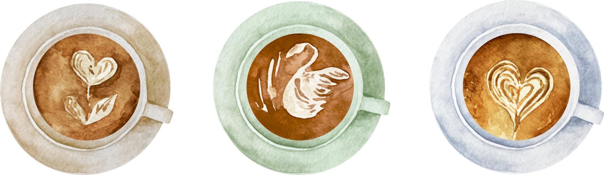 Watercolor white, pink and blue cups of coffee with latte art in a white cup top view vector